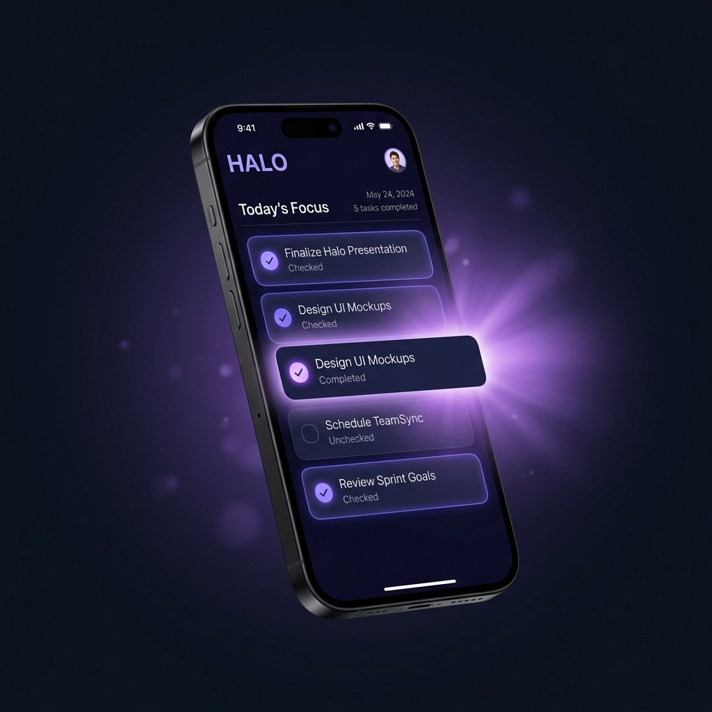 Halo task manager app showing the completion animation with a violet halo bloom effect