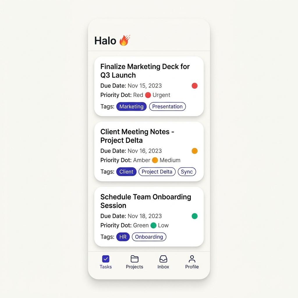 Halo app in Cloud theme — Warm white, indigo accent, soft borders