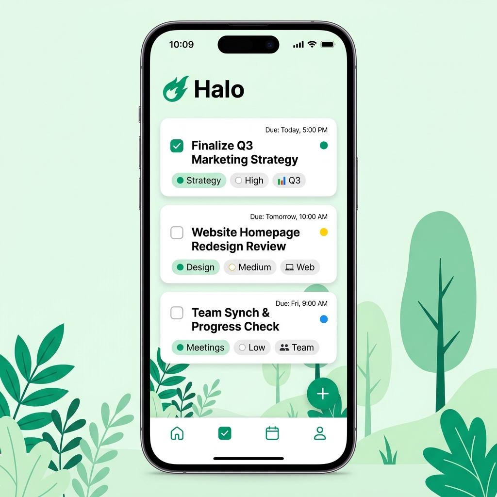 Halo app in Forest theme — Pale green, emerald accent, fresh task rows