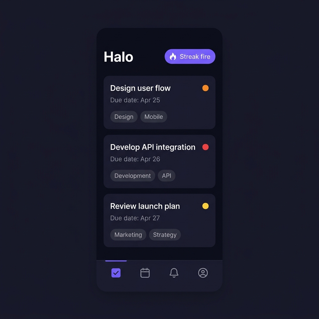 Halo app in Midnight theme — Near-black, violet accent, sharper cards