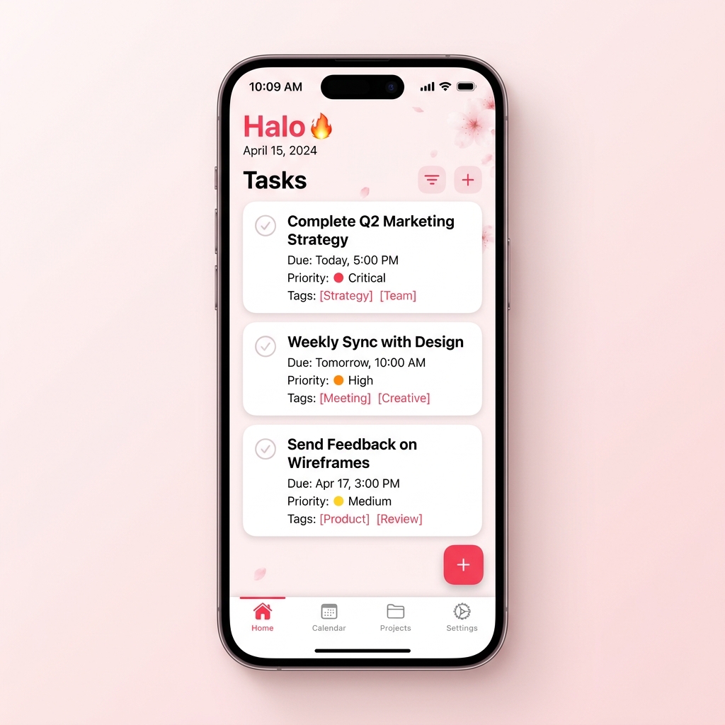 Halo app in Sakura theme — Blush surface, rose accent, calm contrast