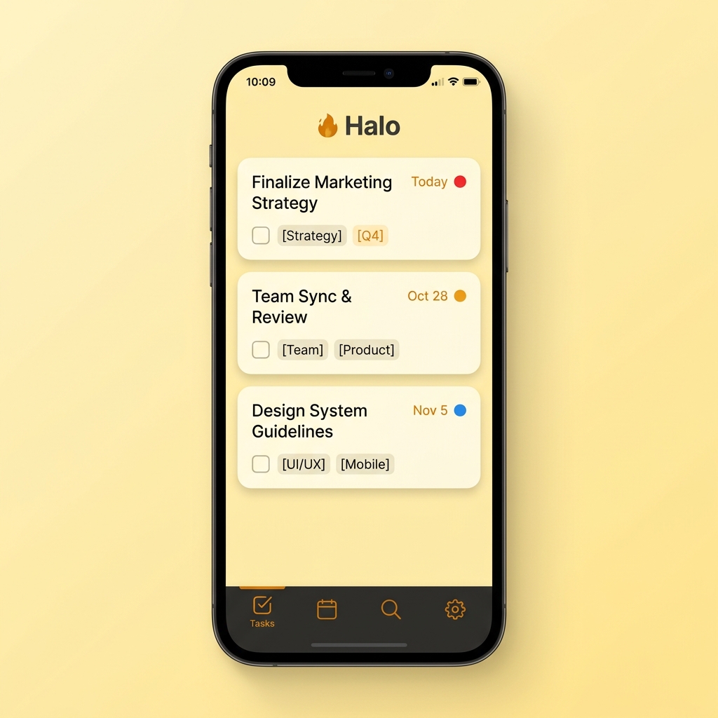 Halo app in Sand theme — Warm yellow, amber accent, soft focus